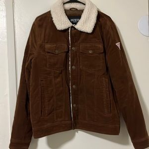 Guess Men's Brown Corduroy Bomber Jacket with Sherpa Collar Size M.
